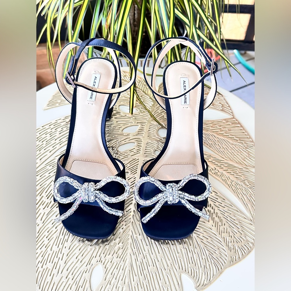Black Satin Ankle Strap Heeled Sandal w/ Rhinestone Bow 6.5